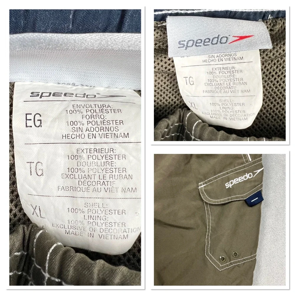 Speedo Mens XL Olive Green Cargo Swim Trunks Mesh Lined Drawstring Board Shorts